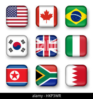 Ensemble de drapeaux du monde badges quadrangulaire ( USA . Le Canada . Le Brésil . La Corée du Sud . Royaume-uni de Grande-Bretagne . Italie . La Corée du Nord . L'Afrique du Sud . Banque D'Images