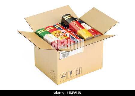 Ouvre boîte en carton avec des livres sur la langue française, rendu 3D isolé sur fond blanc Banque D'Images