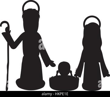 Silhouette monochrome avec la Vierge Marie et saint Joseph et Jésus dans la crèche vector illustration Illustration de Vecteur