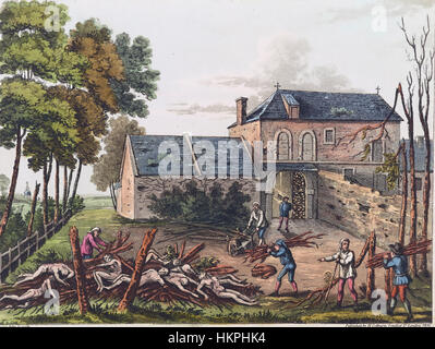 Bataille de Waterloo 18 Juin 1815. Préparer un feu de disposer des morts français d 'un compte rendu historique de la campagne dans les Pays-Bas' publié par William Mudford en 1817 . Gravure en couleur datée 1816 Banque D'Images