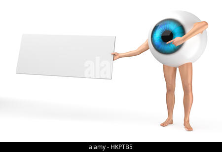 Big blue eye est table de réception avec de l'espace libre pour votre texte et montrer sur lui. illustration 3D render isolé. Banque D'Images