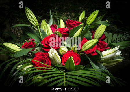 Roses rouges, des lys et des fleurs de palmier Banque D'Images