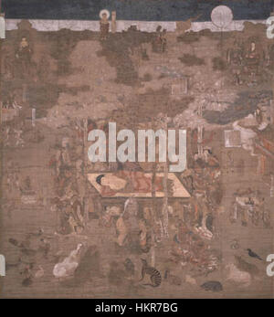 *Butsu Nehan Zu* (le Nirvana du Bouddha) est une peinture japonaise représentant la mort et les derniers moments du Bouddha. L'œuvre illustre l'art bouddhiste japonais traditionnel, reflétant des thèmes spirituels profonds et un riche symbolisme. Banque D'Images