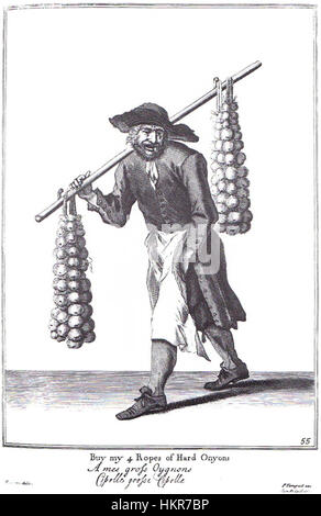 Une œuvre d'art vintage représentant une scène liée à la vente de « 4 cordes d'oignons durs », reflétant un commerce quotidien ou une scène de marché, probablement d'une époque passée, où de tels articles étaient vendus en milieu rural ou sur le marché. La peinture dépeint la vie simple des générations passées. Banque D'Images