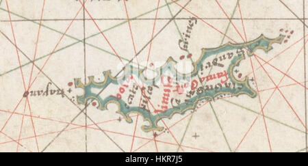 Cette carte tirée de l’Atlas Portolan de Joan Martines en 1578 représente la mer Noire et les régions de la Méditerranée orientale. Connue pour sa cartographie détaillée, la carte offre une perspective historique sur la navigation et les routes commerciales du XVIe siècle dans ces zones maritimes clés. Banque D'Images