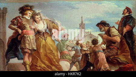 Le tableau de Giuseppe Cades, « la rencontre de Gautier, comte d'Anvers, et de sa fille, Violante », créé à la fin du XVIIIe siècle, représente un moment important de l'aristocratie européenne. La scène est remplie de profondeur émotionnelle, capturant la haute société de l'époque. Banque D'Images