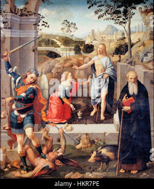 *Noli me tangere*, peint par Timoteo Viti pour l’église de Cagli, représente le moment après la résurrection du Christ, où il apparaît à Marie-Madeleine. La scène est une interprétation classique de ce passage biblique, montrant la capacité de Viti à mélanger les techniques de la Renaissance avec des sujets religieux. Banque D'Images