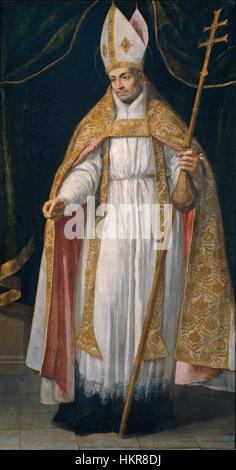 Cette œuvre représente la figure religieuse Camilo Santo Tomas de Villanueva Prado. La peinture souligne son rôle spirituel et est probablement enracinée dans l'art religieux du XVIIe ou XVIIIe siècle, mettant en valeur l'iconographie catholique et les vertus. Banque D'Images