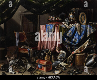La peinture attribuée à Carlo Manieri 'Prunkstillleben' est un bel exemple de nature morte hollandaise du XVIIe siècle Il affiche des détails riches et des couleurs vives en représentant des objets du quotidien, des fleurs aux objets luxueux, démontrant la fascination de l'époque baroque pour la richesse matérielle et la beauté de la nature. Banque D'Images