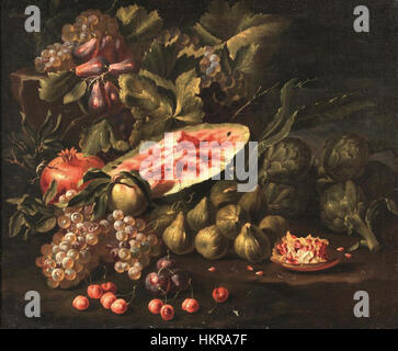 La peinture de natures mortes de Carlo Manieri présente un éventail de fruits, y compris la pastèque et le raisin, rendus avec des détails et un réalisme remarquables. Les couleurs vives et la représentation méticuleuse de la texture démontrent l'habileté de l'artiste à capturer des objets du quotidien dans fine compris Banque D'Images