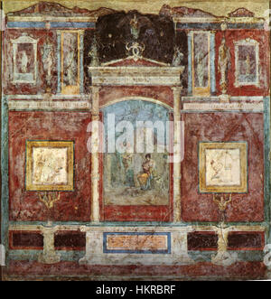 Cette fresque de la Casa della Farnesina, datée de 30-20 av. J.-C., présente une peinture murale romaine exquise à Cubiculum B. elle représente des scènes mythologiques typiques de l'art des villas romaines à la fin de l'ère républicaine. Banque D'Images