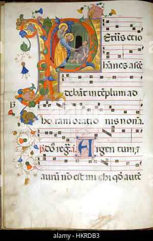 Cette feuille d'un Antiphonary, créée par Cenni di Francesco di Ser Cenni, présente des œuvres d'art médiévales complexes. Le verso ouvert montre des illustrations religieuses, indiquant le but sacré du manuscrit et son artisanat détaillé au XIVe siècle. Banque D'Images