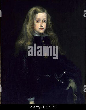 Portrait du XVIIe siècle de Charles II d'Espagne, le dernier monarque des Habsbourg d'Espagne, connu pour ses handicaps physiques et intellectuels. La peinture représente le roi avec une tenue royale formelle. Banque D'Images