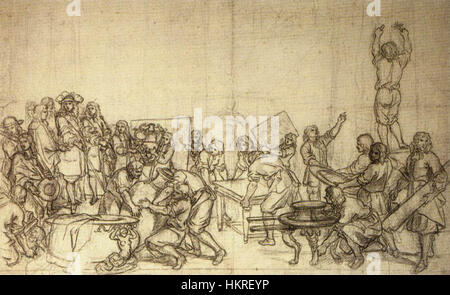 *Louis XIV visite de l’usine des Gobelins* de Charles le Brun dépeint la visite du roi de France au célèbre atelier de tapisserie, mettant en évidence le patronage royal des arts et de l’artisanat en France du XVIIe siècle. Banque D'Images