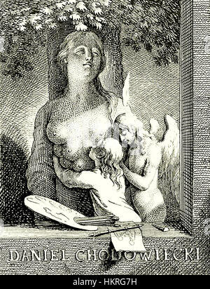 *Chodowiecki ex Libris* est une estampe renommée de Daniel Chodowiecki, un artiste allemand connu pour ses gravures détaillées. Le design ex libris présente des motifs complexes et des éléments symboliques, reflétant les techniques de gravure du XVIIIe siècle. Les œuvres de Chodowiecki représentent souvent des scènes de la vie quotidienne et de la nature, incarnant les idéaux des lumières de raison et de beauté. Banque D'Images