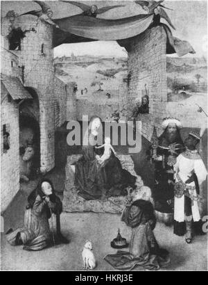 Cette *version noir et blanc* d'une œuvre du *cercle de Jheronimus Bosch* présente des images surréalistes et fantastiques, caractéristiques du style gothique tardif de Bosch. La scène détaillée et complexe illustre des thèmes moraux et religieux, peuplés de créatures étranges et de figures symboliques, avec des lignes complexes et des ombres sombres. Banque D'Images