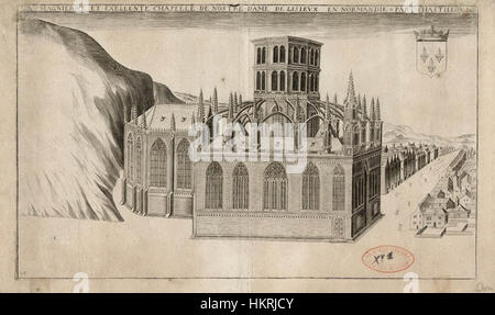 Cette œuvre de Claude Chastillon représente la chapelle notre-Dame de Lisieux, capturant sa beauté architecturale et son importance religieuse dans un style traditionnel. Banque D'Images