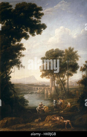 *Landscape with the Finding of Moïse* de Claude Lorrain est une peinture du XVIIe siècle qui mêle récit biblique et paysage intégré La scène représente le moment où Moïse est trouvé par la fille de Pharaon, dans un paysage tranquille, mettant en valeur la maîtrise de Lorrain de la lumière et des paysages naturels. Banque D'Images