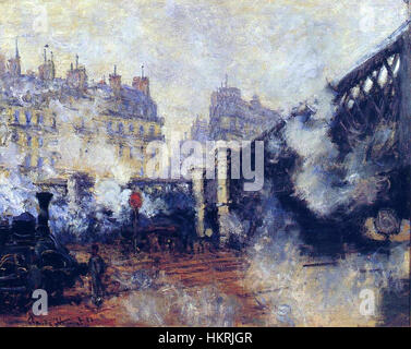 « Le Pont de l'Europe, Gare Saint-Lazare » (1877) de Claude Monet capture la vie urbaine animée de Paris à la fin du XIXe siècle. La peinture à l’huile met en valeur l’intersection de la modernité et de la tradition à travers la représentation de la gare et du pont, avec l’utilisation signature de Monet de la lumière et de la couleur. Banque D'Images