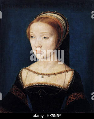 Cette peinture de Corneille de Lyon, intitulée « Une jeune dame », met en valeur le talent exceptionnel de l'artiste à capturer les traits délicats et les détails fins de son sujet, portrait typique de la Renaissance en France. Banque D'Images