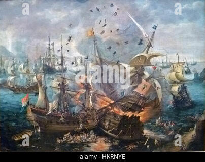 Cornelis Claesz Van Wieringen - Het ontploffen admiraalschip van het Spaanse tijdens de zeeslag bij Gibraltar 001 Banque D'Images