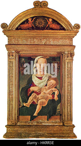 Une peinture de Cosme Tura, représentant la Vierge avec l'enfant endormi. Cette œuvre reflète le style Renaissance et l'habileté de Tura dans la peinture religieuse et de portrait, capturant le moment tendre de la sainte famille. Banque D'Images