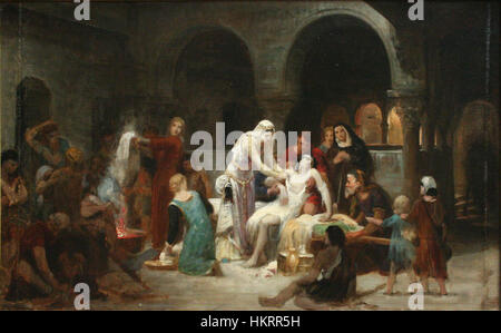 Cette peinture représente Sainte Élisabeth de Hongrie, représentée en train de prendre soin des malades. Connue pour son travail caritatif, Sainte Elizabeth est un symbole de compassion et de soin dans le chrétien médiéval Banque D'Images