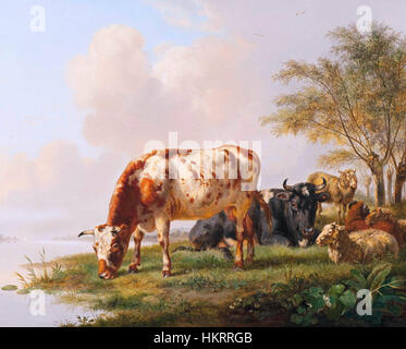 Vaches et moutons à la rivière, par Pieter Gerardus van Os (La Haye 1776 - 1839) Banque D'Images