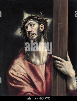 Le tableau 'Cristo abrazando la cruz' d'El Greco est une œuvre religieuse puissante exposée au Museo Thyssen-Bornemisza. Il représente le Christ embrassant la croix, une image poignante de sacrifice et de dévotion, avec l'utilisation signature d'El Greco de formes allongées et de contrastes de couleurs dramatiques. La pièce est un exemple remarquable de son travail pendant la Renaissance espagnole. Banque D'Images