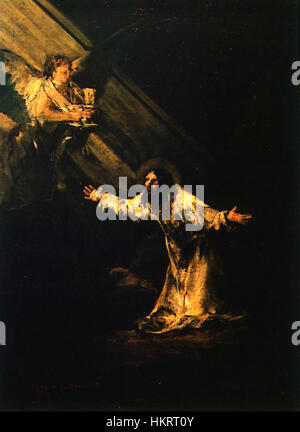 Cristo en el huerto de los olivos de Francisco Goya dépeint le moment de la prière du Christ dans le jardin des oliviers, une scène charnière de l’histoire chrétienne. Connue pour son intensité émotionnelle, l’utilisation de la lumière et de l’ombre par Goya souligne la tension et l’angoisse du moment. Banque D'Images
