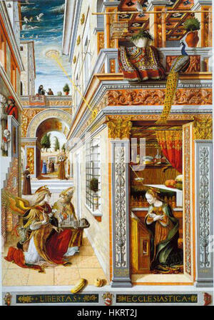 La peinture de Carlo Crivelli « L'Annonciation » est une œuvre religieuse représentant l'annonce de l'ange Gabriel à la Vierge Marie. La pièce est connue pour son attention aux détails et ses couleurs vives, caractéristiques du style de Crivelli pendant la Renaissance italienne. Banque D'Images