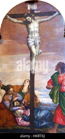 « Crocifissione (San Sebastiano) » de Paolo Veronese représente la crucifixion de tous Sebastian, un moment clé de l’iconographie religieuse chrétienne. La peinture capture l’intensité dramatique et les couleurs vives typiques du travail de Véronèse pendant la Renaissance. Banque D'Images