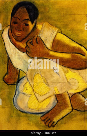 « Crouching Tahitian Girl » de Paul Gauguin représente une femme tahitienne dans une pose tranquille, reflétant l’exploration de la culture tahitienne par l’artiste pendant son séjour sur l’île. L’œuvre souligne l’utilisation distinctive de la couleur et de la forme par Gauguin. Banque D'Images