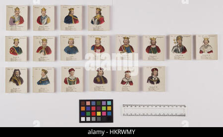 Cette collection de cartes représentant des monarques, logée dans les bibliothèques Bodleian, présente diverses figures royales. L’absence de page de titre ajoute un air de mystère à l’ensemble, mais la représentation artistique des monarques demeure une ressource historique précieuse. Banque D'Images