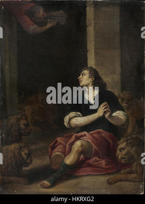 La peinture de David Teniers, Daniel dans le Den du Lion, dépeint l'histoire biblique de la survie miraculeuse de Daniel dans une fosse aux lions. L'œuvre illustre l'habileté de Teniers à capturer des scènes dramatiques et religieuses avec des détails vibrants et une harmonie de composition. Banque D'Images