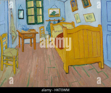 'De slaapkamer' (la chambre) est une peinture à l'huile célèbre de Vincent van Gogh, représentant sa chambre à Arles, en France. L’œuvre est réputée pour ses couleurs vives et sa composition simple et expressive qui reflète le style unique de Van Gogh. Banque D'Images
