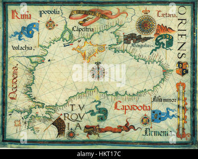 Cette carte de 1559 de Diego Homem représente la région de la mer Noire avec des détails complexes. La carte montre la compréhension géographique de la période, avec une représentation cartographique soignée des côtes, des villes et des voies navigables, offrant un aperçu des débuts de l'exploration européenne moderne. Banque D'Images