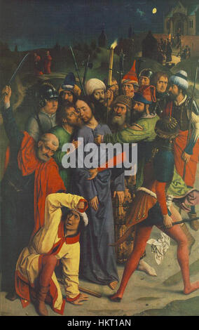 La peinture de Dieric bouts 'L'arrestation du Christ' (c. 1485) dépeint la scène biblique de l'arrestation du Christ, avec le baiser de Judas marquant sa trahison et l'oreille coupée de Malchus étant guérie par le Christ. La composition démontre la maîtrise de combats dans la capture de l'émotion et des thèmes bibliques. Banque D'Images