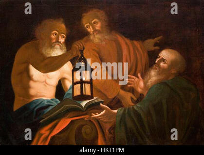 La peinture intitulée 'Diogène' représente le philosophe grec ancien Diogène, connu pour son style de vie ascétique et sa critique des valeurs sociales. L'œuvre représente son approche non conventionnelle de la vie et de la philosophie, souvent symbolisée par son comportement dans les espaces publics. Banque D'Images