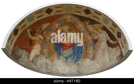 'Dio Padre Benedicente tra due Angeli' (Dieu le Père bénissant entre deux anges) est une peinture à l'huile religieuse mettant en valeur l'imagerie divine et la représentation emblématique de Dieu et des anges en chrétien Banque D'Images