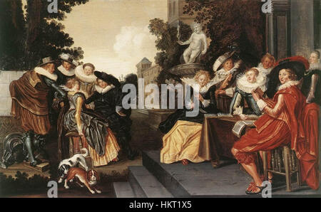 *Music-Making Company on a Terrace* de Dirck Hals est une peinture de genre animée représentant des musiciens et des figures socialisant dans un cadre extérieur. L'œuvre capture l'atmosphère joyeuse de la vie hollandaise du XVIIe siècle, avec une grande attention aux costumes et aux expressions. Banque D'Images