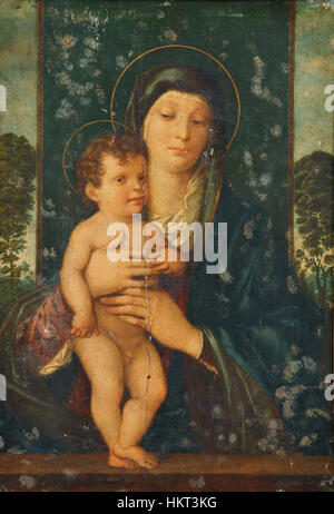 Dopo il Giovanni Bellini - La Madonna col bambino dans trono in un paesaggio Banque D'Images