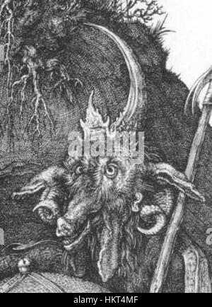 Cette gravure détaillée d’Albrecht Dürer, intitulée Teufel (Diable), met en valeur la technique complexe de Dürer en gravure sur bois, illustrant une figure surnaturelle dans les moindres détails. La pièce illustre la maîtrise de Dürer dans la représentation de sujets religieux et mythologiques. Banque D'Images