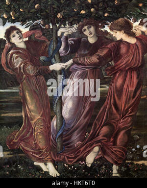 Une peinture du XIXe siècle d'Edward Burne-Jones, « le jardin des Hespérides », mettant en valeur la mythologie classique et le style artistique victorien. Banque D'Images