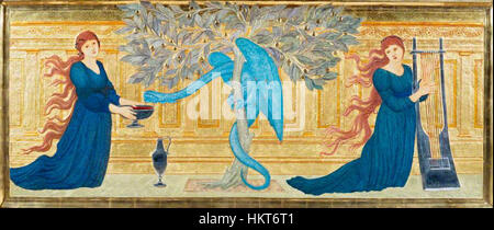 Ce tableau de 1880-1881 d'Edward Burne-Jones illustre le mythique jardin des Hespérides, connu pour ses pommes dorées. La composition détaillée mélange des thèmes mythologiques avec le style préraphaélite, mettant en valeur la maîtrise de Burne-Jones dans la représentation de sujets mythiques. Banque D'Images