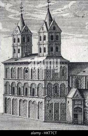 Le détail de peinture de 1735 de l’église de Bartholomew à Liège par Leloup illustre la beauté architecturale de l’église, soulignant la conception complexe de ses intérieurs. Cette œuvre met en valeur la signification historique et religieuse de la structure et de l'art de l'église. Banque D'Images