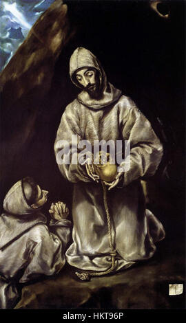 Une peinture religieuse d'El Greco représentant François et frère Léo méditant sur la mort. La peinture capture leur contemplation spirituelle et leur dévotion religieuse. Banque D'Images