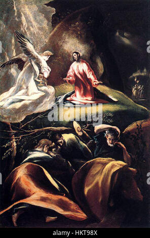 *L’agonie dans le jardin* par El Greco est une représentation dramatique de la prière du Christ dans le jardin de Gethsémani. La peinture utilise des contrastes de couleurs intenses et des figures expressives, typiques du style religieux d’El Greco. Banque D'Images