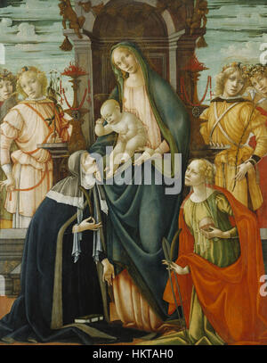 La *Vierge intronisée* de Michele Ciampanti, créée entre 1470 et 1530, représente la Vierge Marie assise avec le Christ enfant et les anges. La tempera sur panneau fait partie de la collection de la BMA, mettant en valeur les religieux italiens de la Renaissance Banque D'Images