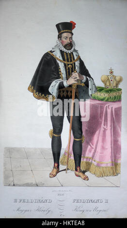 Cette lithographie de Ferdinand II, probablement créée au XIXe siècle, représente l'empereur romain germanique. L'impression capture ses traits royaux et sa tenue militaire, mettant en valeur son rôle dans l'histoire européenne au XVIe siècle. Banque D'Images